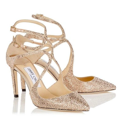 Shop Jimmy Choo Lancer 85 Rose Gold Satin Pointy Toe Pumps With Crystal Hotfix