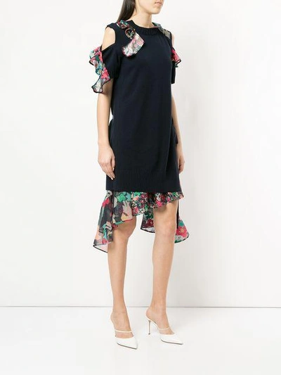 Shop Sacai Floral Ruffle-trimmed Knit Dress - Blue