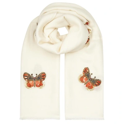 Shop Janavi Butterfly-embellished Merino Wool Scarf In White