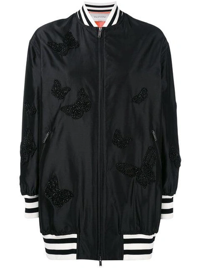 Shop Valentino Butterfly Embroidered Bomber Jacket In Black