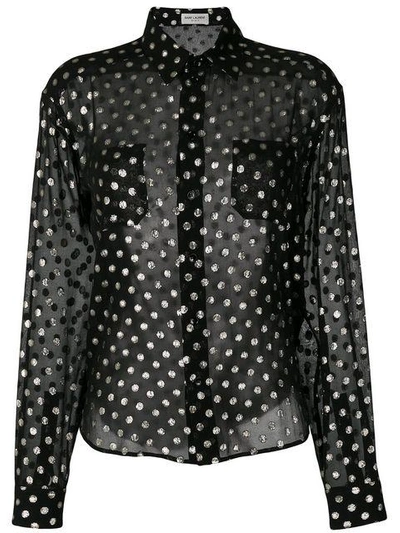 Shop Saint Laurent Sheer Lurex Polka Dot Shirt In Black