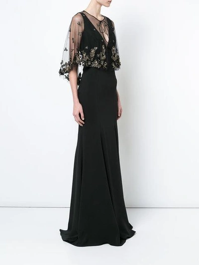 Shop Marchesa Notte Embellished Cape Gown In Black