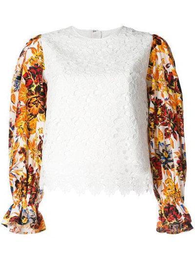 Shop Msgm Floral Sleeve Lace Top In White