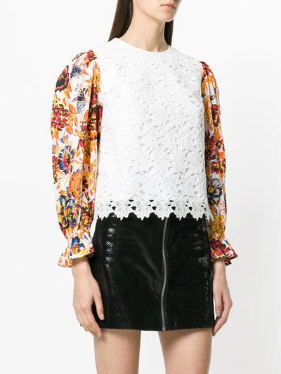 Shop Msgm Floral Sleeve Lace Top In White