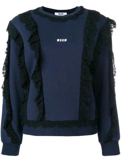 Shop Msgm Lace Trim Logo Sweatshirt - Blue