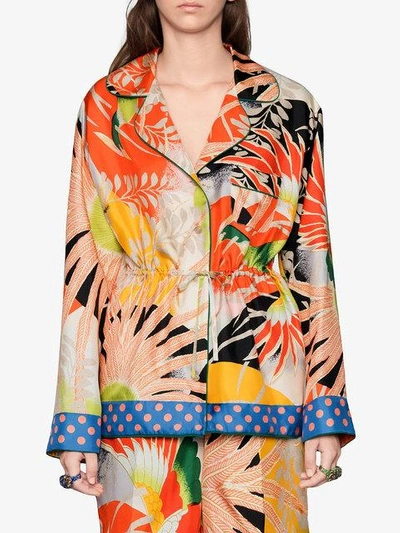 Shop Gucci Tropical Bird Silk Pajama Shirt - Multicolour