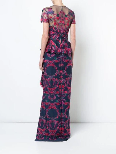 Shop Marchesa Notte Floral Embroidered Maxi Dress In Blue