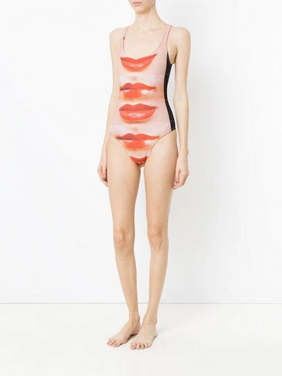 Shop Amir Slama Lips Print Swimsuit In Multicolour