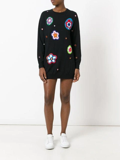 Shop Moschino Floral Patch Knit Dress In Black