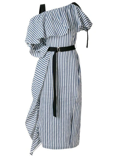 Shop Eudon Choi Asymmetric Ruffle Trim Striped Dress In Blue