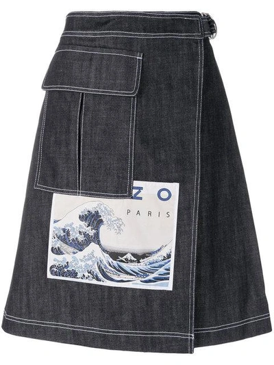 Shop Kenzo Hokusai Wave Denim Skirt - Blue