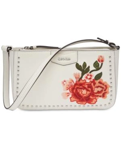 Shop Calvin Klein Leather Floral Shoulder Bag In Floral White/silver