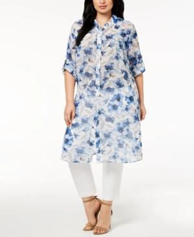 Shop Calvin Klein Plus Size Floral-print Tunic Shirt In Regatta Blue/ice Blue