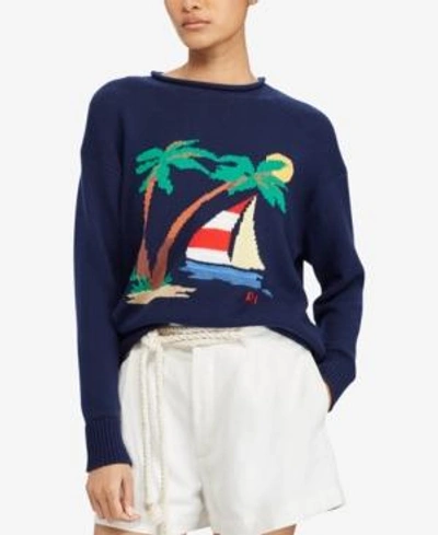 Shop Polo Ralph Lauren Graphic Cotton Sweater In Navy/multi