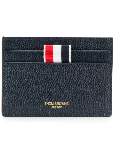Shop Thom Browne Single Card Holder With Contrast 4-bar Stripe In Pebble Grain & Calf Leather In Blue