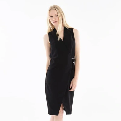 Shop Paisie Collarless Tuxedo Wrap Dress With Side Belt In Black