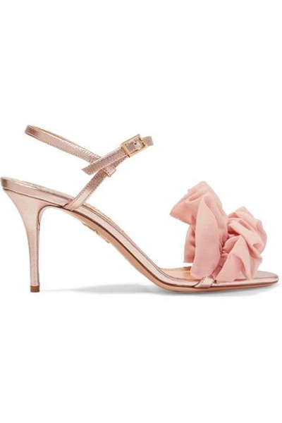Shop Charlotte Olympia Reia Chiffon-trimmed Metallic Textured-leather Sandals In Pink