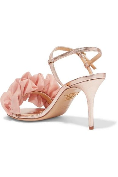 Shop Charlotte Olympia Reia Chiffon-trimmed Metallic Textured-leather Sandals In Pink