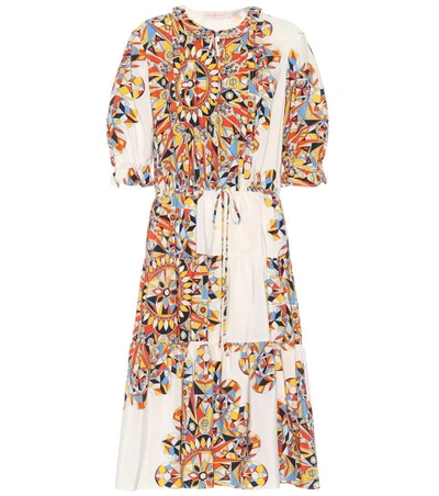 Arabella Printed Silk Ruffle Dress In White
