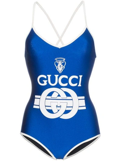 Shop Gucci Logo Print Swimsuit In Blue