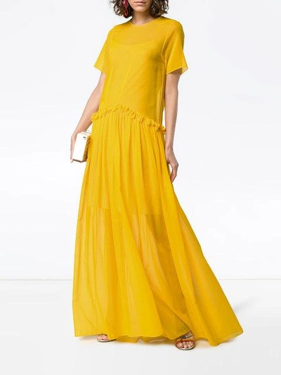 Shop Rosie Assoulin Semi Sheer Ruffle Long Silk Dress In Yellow