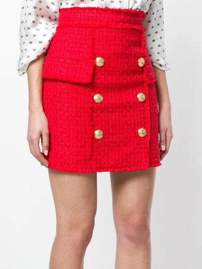 Shop Balmain Button-embellished Tweed Skirt - Red