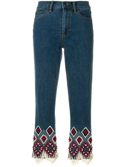 Shop Tory Burch Embroidered Cuff Jeans In Blue