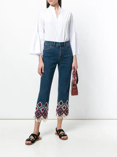 Shop Tory Burch Embroidered Cuff Jeans In Blue