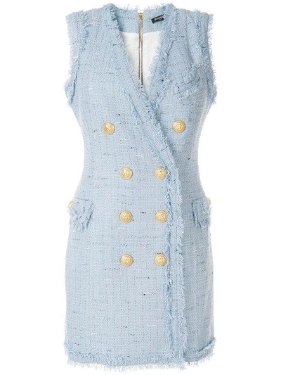 Shop Balmain Tweed Mini Dress In Blue