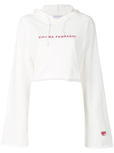 Shop Chiara Ferragni Cropped Embroidered Logo Hoodie - White