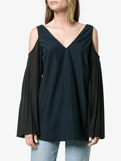 Shop Monographie Pleated Sleeve Cold Shoulder Top In Blue