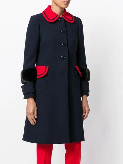 Shop Miu Miu Coat With Mink Fur Cuffs - Blue