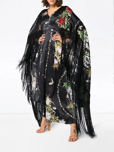 Shop By Walid Silk Floral Fringed Dress In Black Wisteria