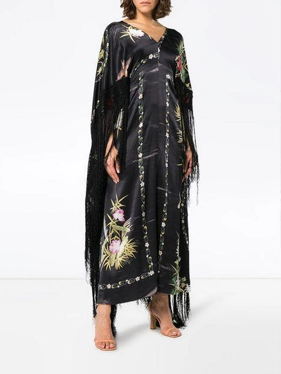 Shop By Walid Silk Floral Fringed Dress In Black Wisteria