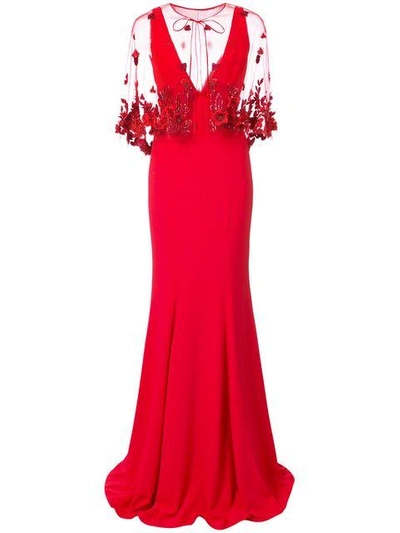 Shop Marchesa Notte Fishtail Embellished Cape Dress In Red
