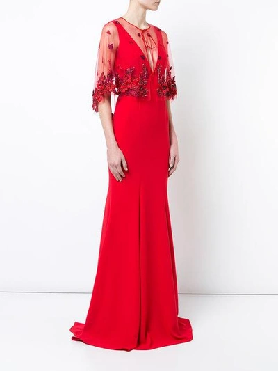 Shop Marchesa Notte Fishtail Embellished Cape Dress In Red