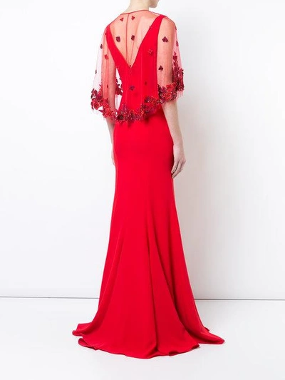 Shop Marchesa Notte Fishtail Embellished Cape Dress In Red