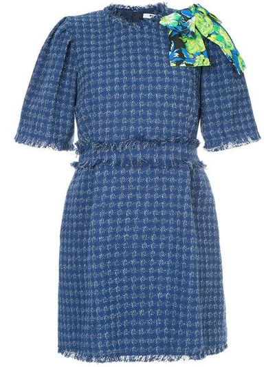 Shop Msgm Frayed Tweed Dress - Blue