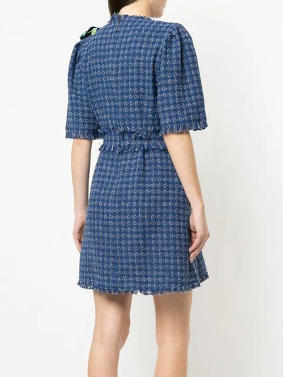 Shop Msgm Frayed Tweed Dress - Blue