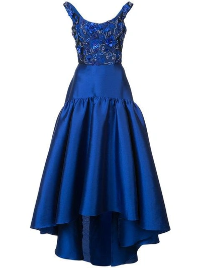 Shop Marchesa Notte Floral-embroidered Asymmetric Gown In Blue