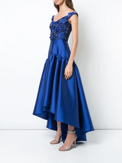 Shop Marchesa Notte Floral-embroidered Asymmetric Gown In Blue