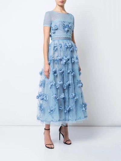 Shop Marchesa Notte Floral-appliquéd Lace Dress In Blue