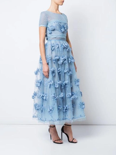 Shop Marchesa Notte Floral-appliquéd Lace Dress In Blue