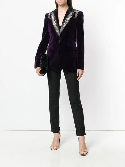Shop Roberto Cavalli Embroidered Velvet Blazer - Purple In Pink & Purple