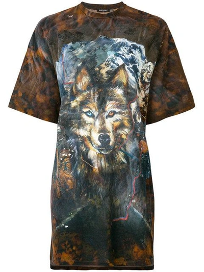 Shop Balmain Wolf Print T-shirt In Brown