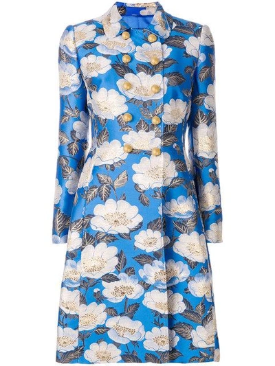 Shop Dolce & Gabbana Floral Double Breasted Jacquard Coat In Blue