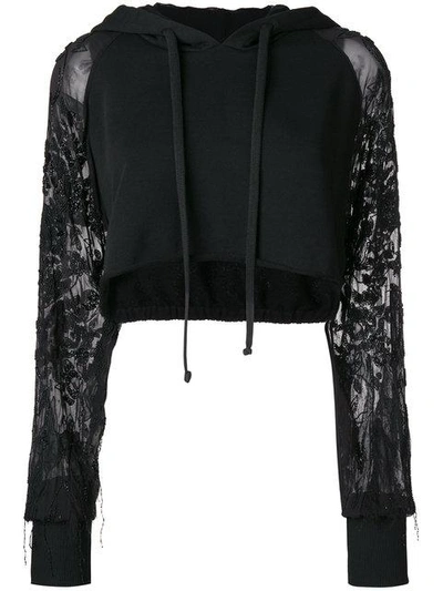 Shop Amen Cropped Hoodie With Embroidered Sheer Sleeves - Black