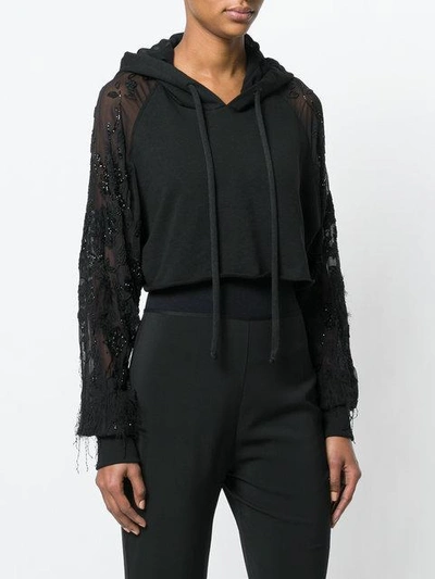 Shop Amen Cropped Hoodie With Embroidered Sheer Sleeves - Black