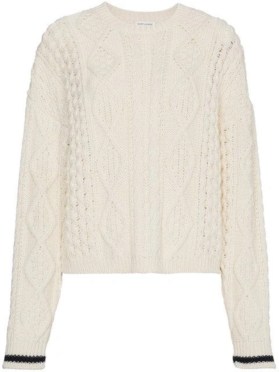 Shop Saint Laurent Contrast Cuff Cable Knit Sweater - White