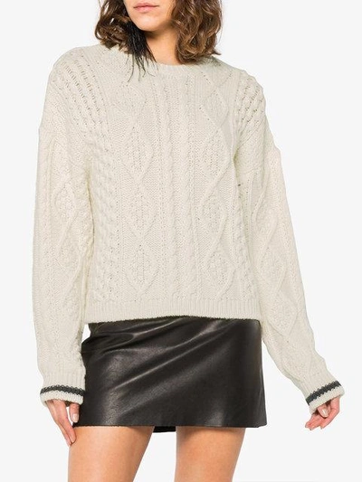 Shop Saint Laurent Contrast Cuff Cable Knit Sweater - White